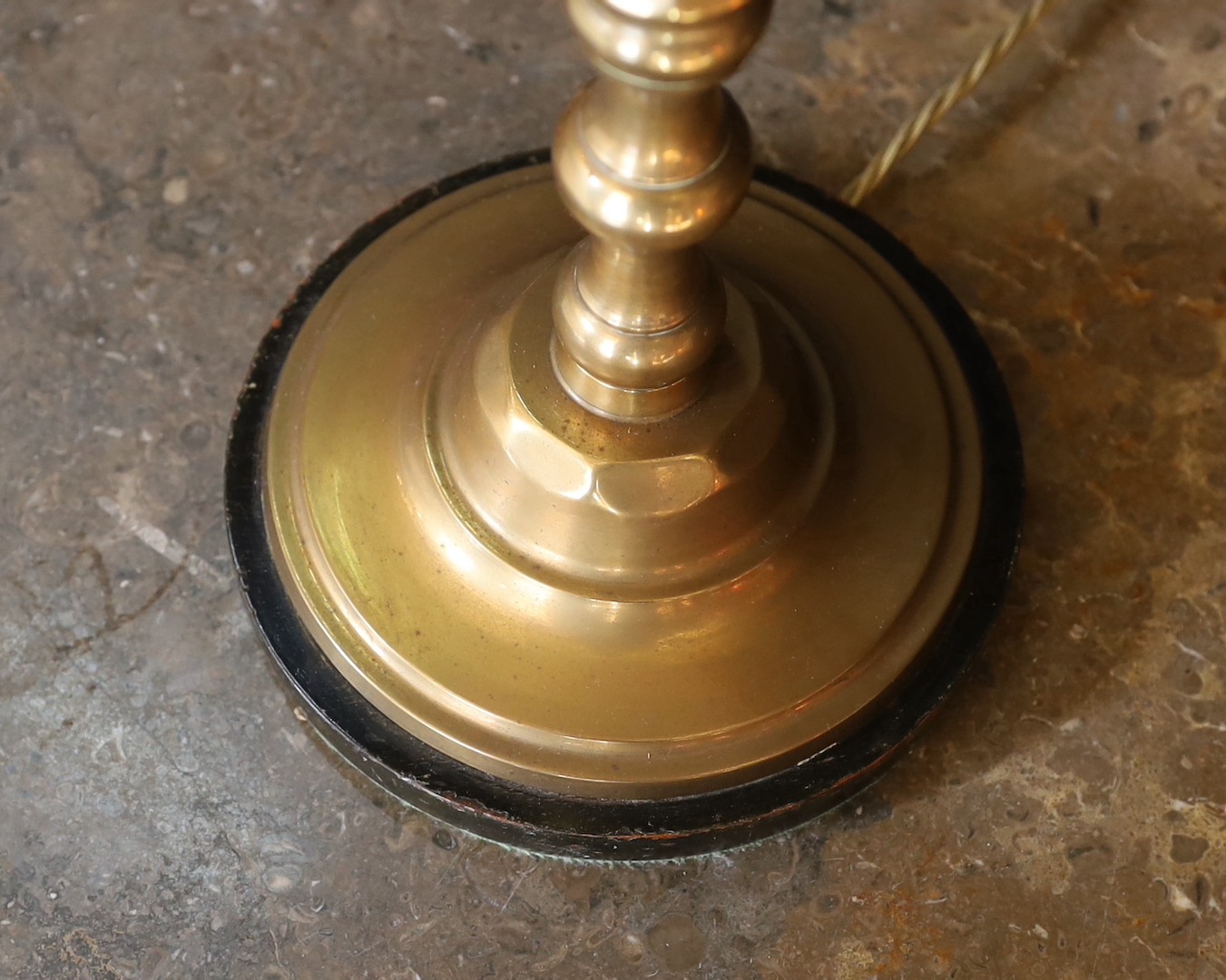 A 1960s brass table lamp with marbled glass ‘pate de verre’ shade, height overall 66cm